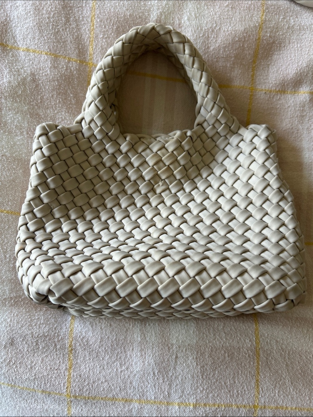 BCBG Woven Top-Handle Tote in Light Taupe